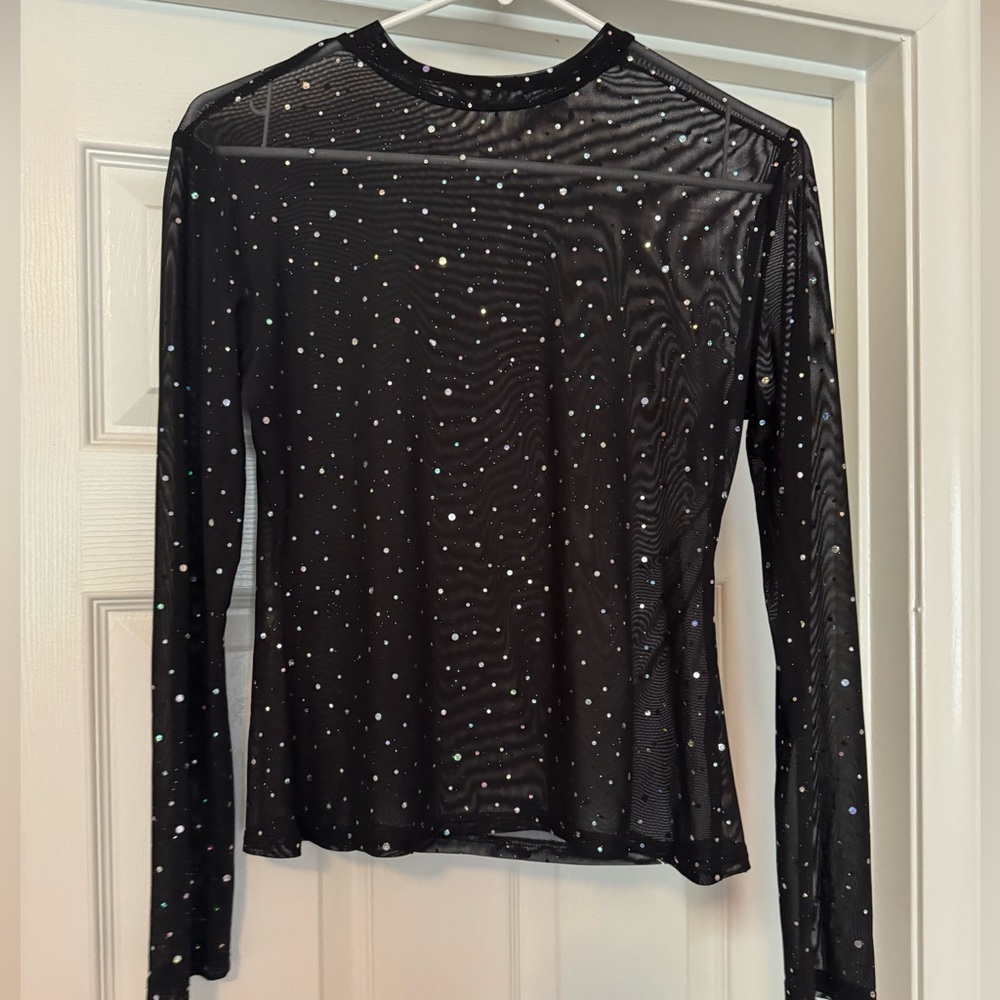 SHEIN Black Rhinestone Long Sleeve Top